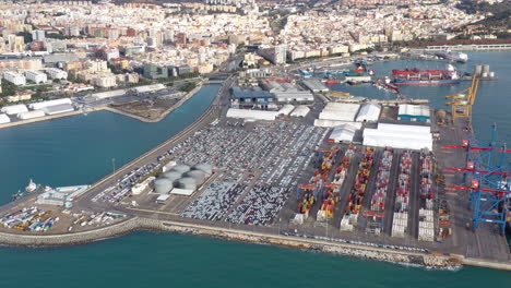 Port-of-Malaga-Spain-aerial-cruise-shipping,-containerised-manufactured-product