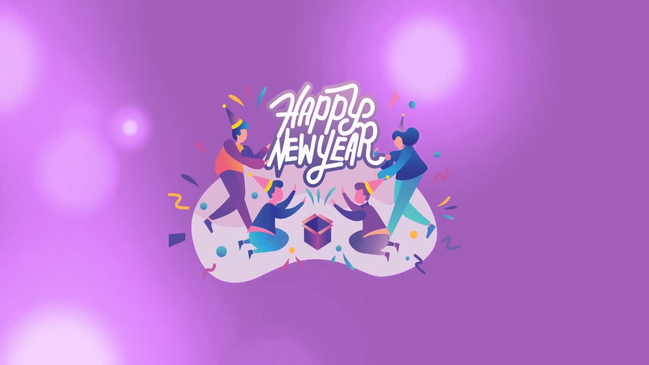 Animation of happy new year text over purple spots