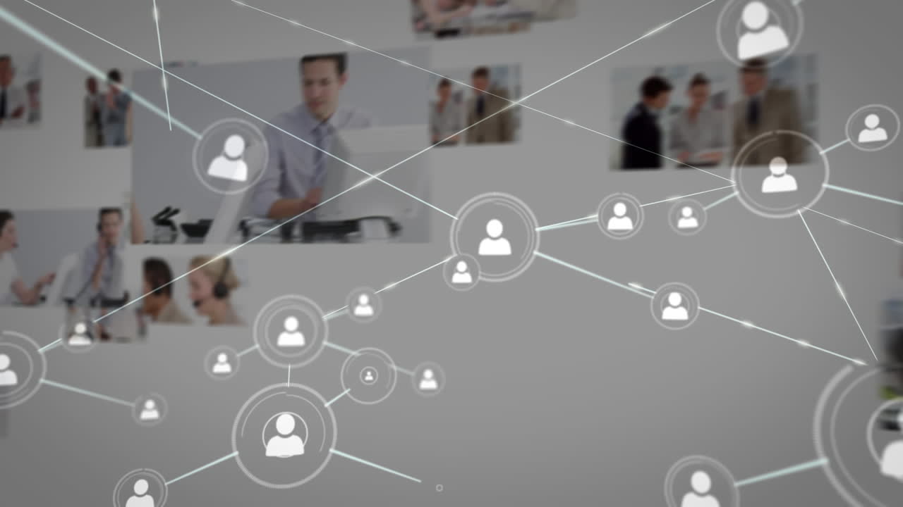 Animazione di una rete di connessioni su persone in ambito aziendale che indossano cuffie con microfono