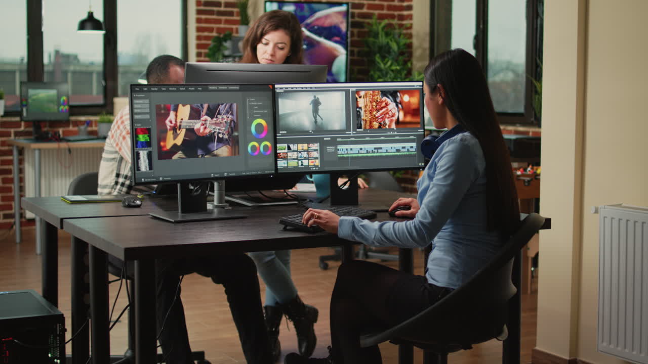 Videography expert editing video footage in post production agency house