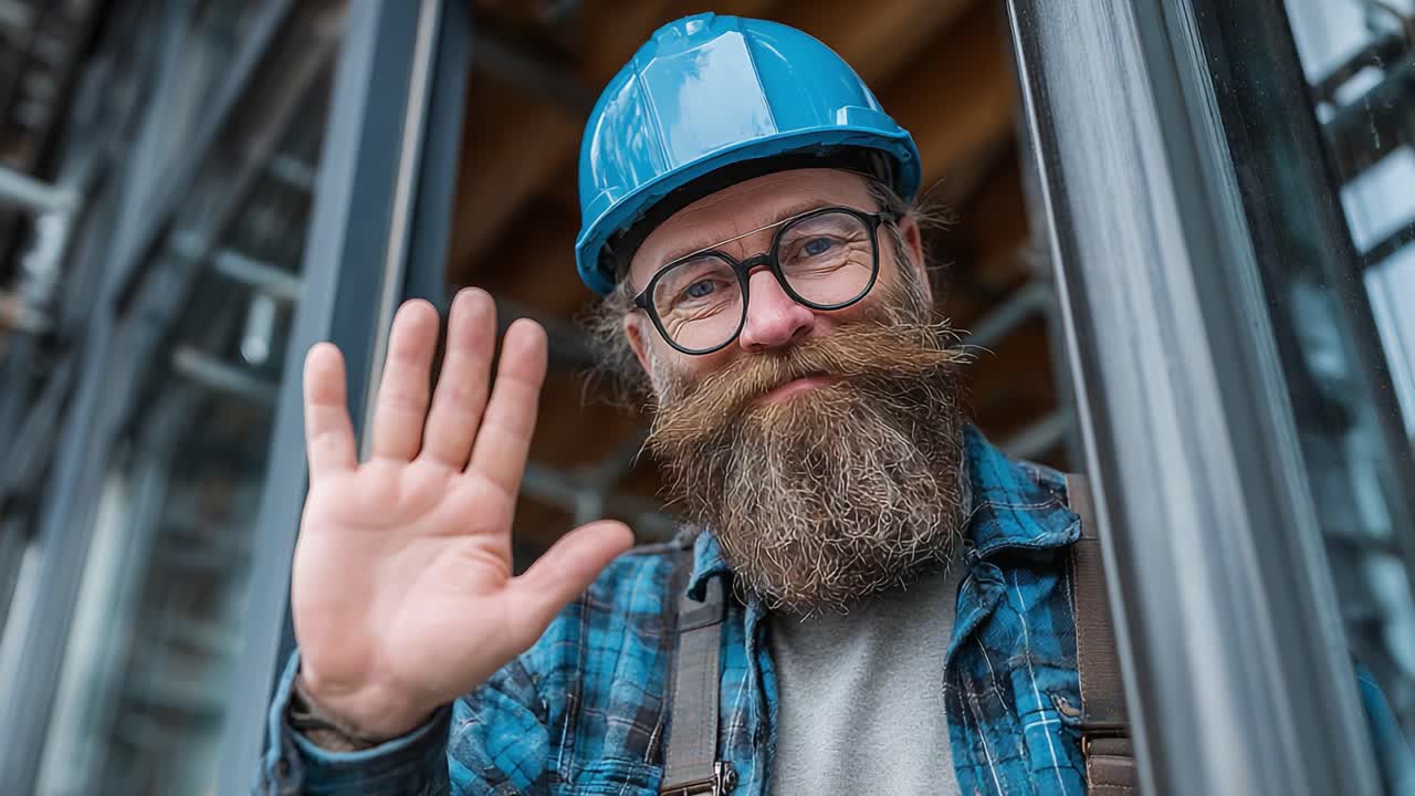 A Friendly Construction Worker Waving Hello – Showcasing the Spirit of Teamwork and Positivity in the Workplace with a Smile and Style