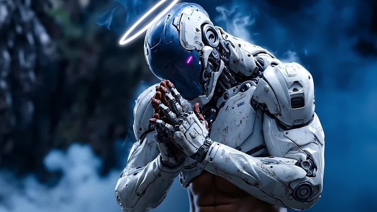 A man in a white suit with a halo on his head