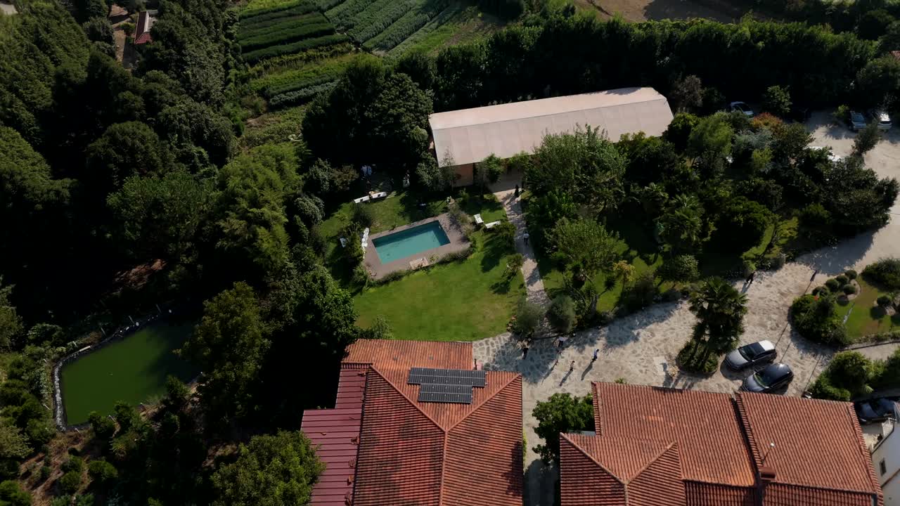 Aerial of garden with pool in Ronfe village, Guimarães, Portugal