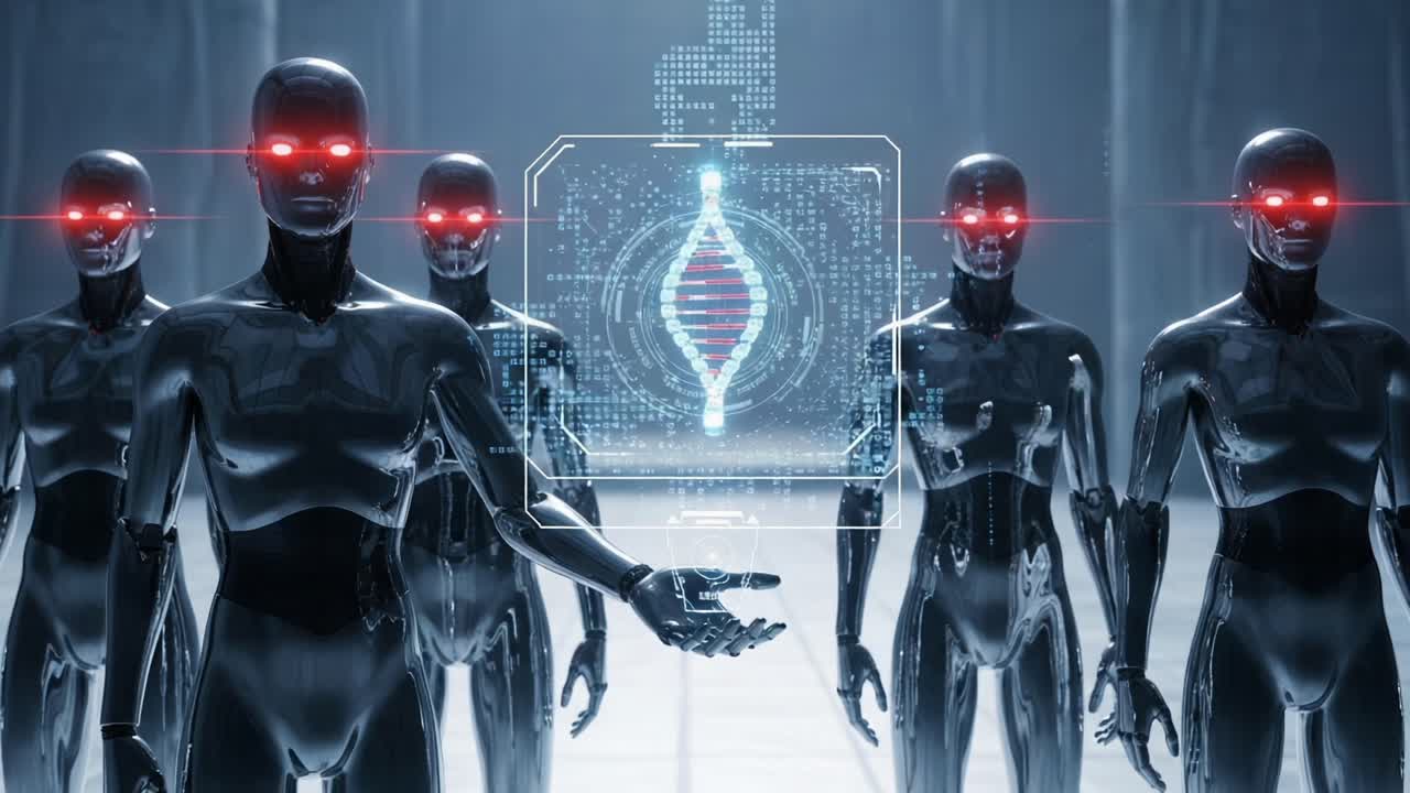 A group of futuristic humanoid robots with glowing red eyes interacts with a holographic DNA sequence display in a high-tech environment, showcasing advanced technology and design