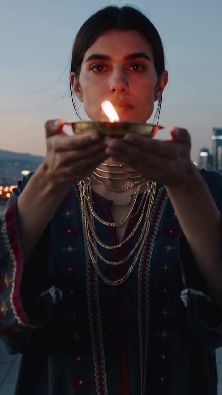 Vertical video: Camera pulling back, woman in tunic lifting lamp to face on roof, chains for ritual