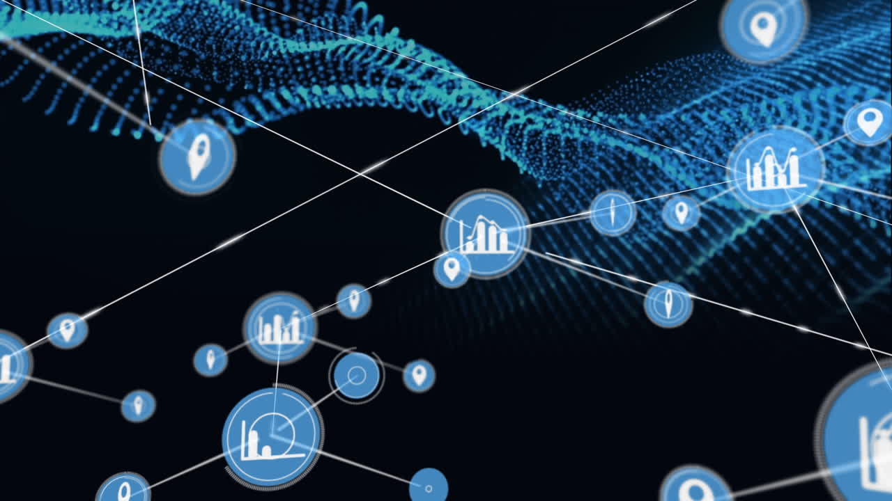 Animation of network of connections with icons over blue net
