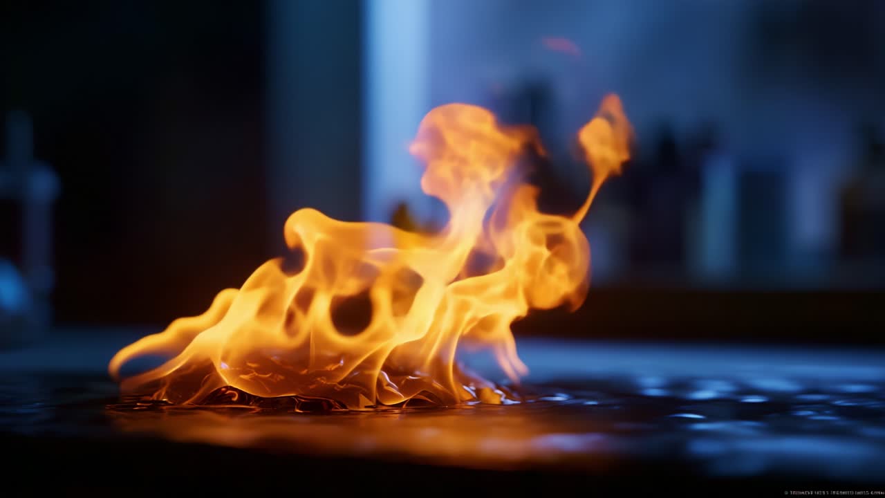 A Fiery Display: Captivating Flames Dance Over Liquid Surface in Stunning Close-Up, Revealing the Dynamic Movements and Colors of Fire in a Unique Setting