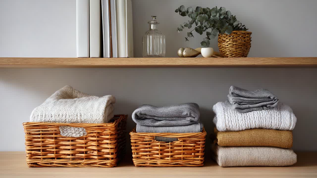 Elegant Home Organization with Neatly Folded Sweaters and Decorative Baskets on a Modern Wooden Shelf, Enhanced by Minimalist Greenery and Simple Accessories