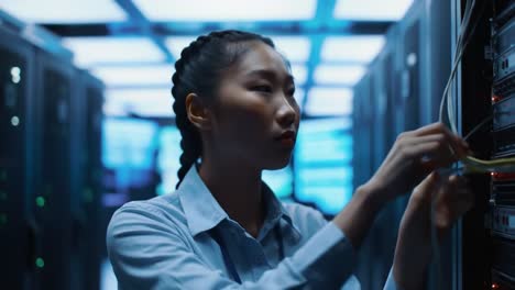 a focused technician carefully manages server connections in a high-tech data center, showcasing expertise in technology, maintenance, and operational efficiency