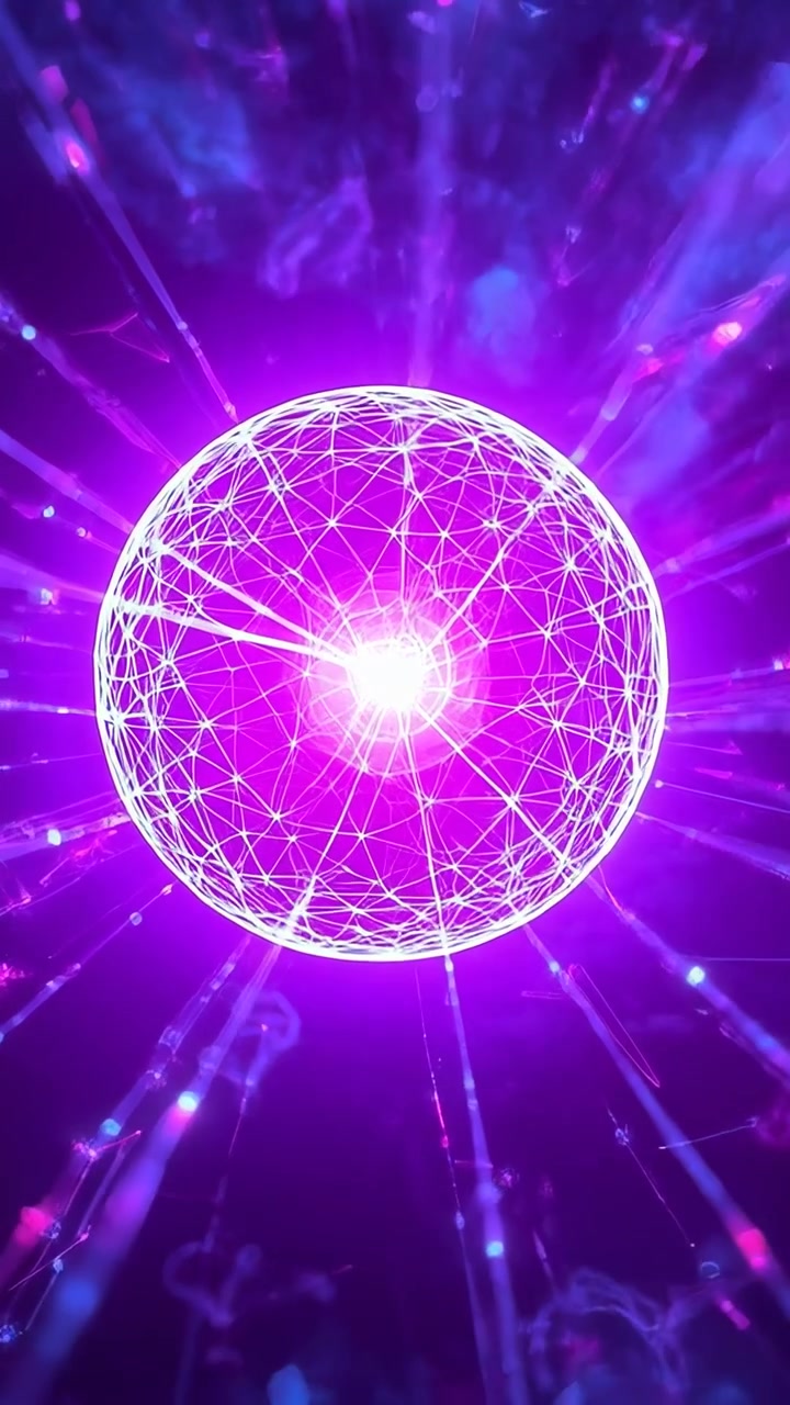 Video verticale: Nucleo pulsante che fa scintille su una sfera di fili, illuminandosi e ruotando, emettendo raggi in un campo al neon.