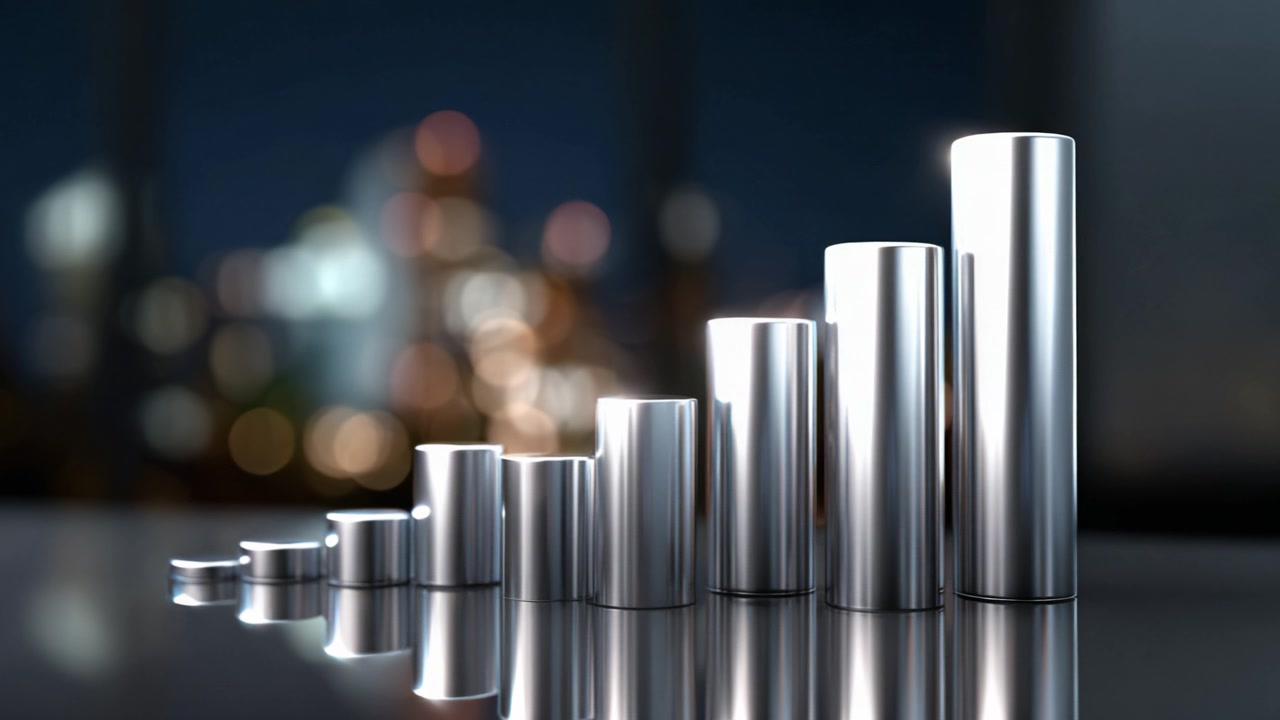 A captivating display of metallic cylinders in various heights arranged in ascending order, reflecting soft ambient lights to create a striking visual effect.