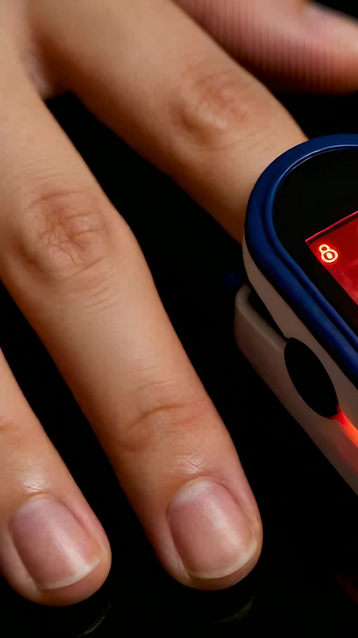 Vertical video: Placing middle finger under fingertip oximeter in closeup, device measuring oxygen