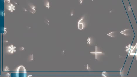 animación digital de múltiples números y símbolos flotando contra un fondo gris