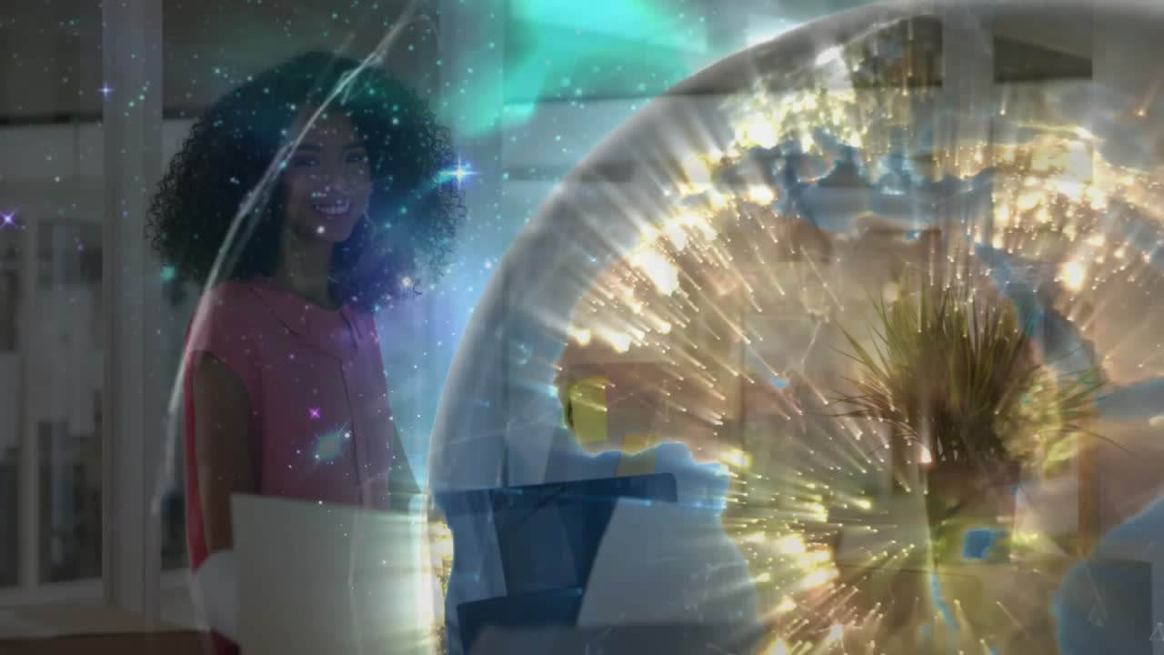 woman standing behind desk initiating digital globe hologram for tech data visualization in office