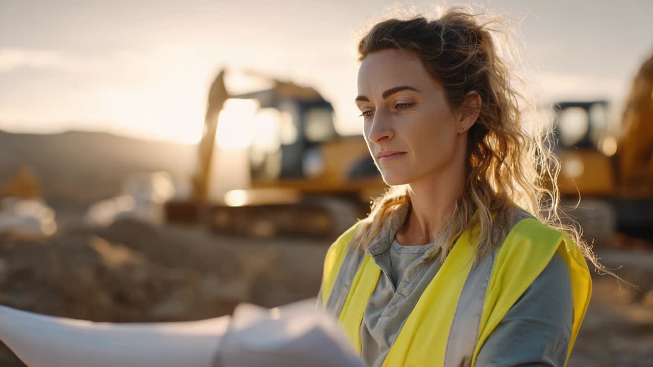 Construction worker examining blueprints on site