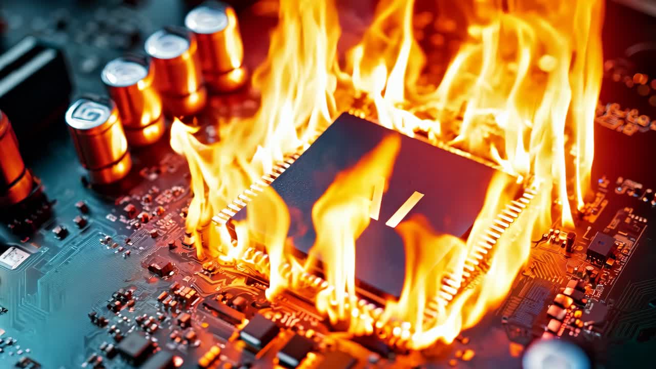 una placa base de computadora en llamas con un corazón en ella