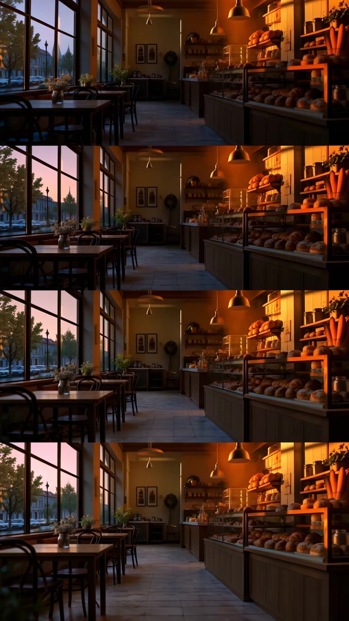 La luz llena gradualmente una cafetería desocupada, transformando los tenues tonos azules en una cálida iluminación que se extiende por las mesas, las sillas, el mostrador de exhibición, los estantes de pared y los grandes ventanales.