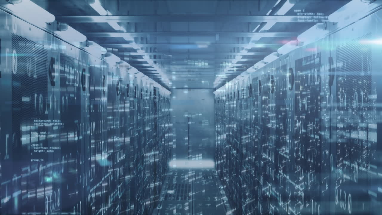 Animation of data processing and mosaic squares over empty computer server room