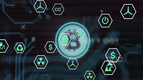 bitcoin symbol surrounded by digital network elements and various icons in animation