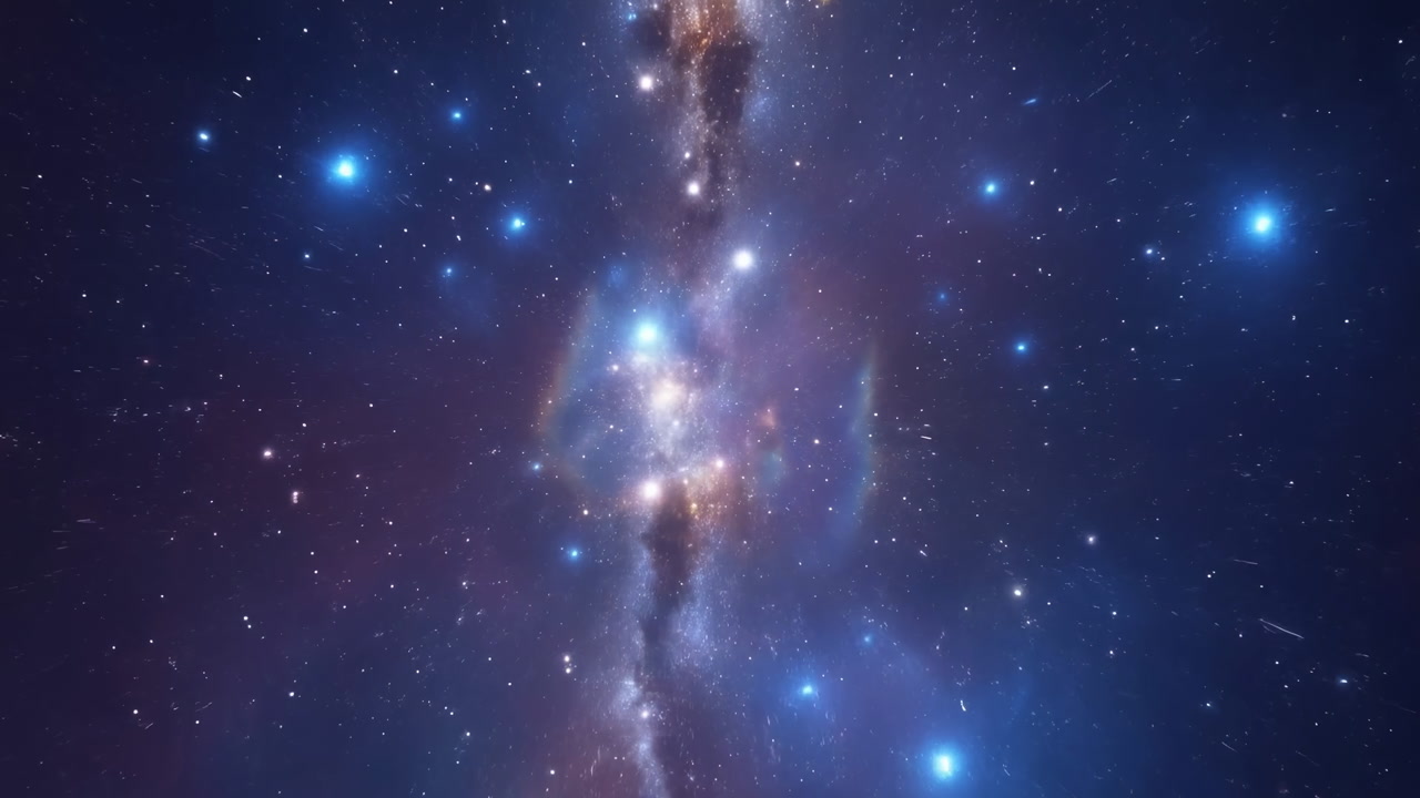 Vertical Milky Way Core Galaxy Glowing, Deep Blue Nebula Clouds, Scattered Bright Stars, Slow Cinematic Upward