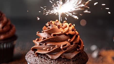 three chocolate cupcakes with chocolate frosting and sprinkles on top. one of the cupcakes has a lit sparkler on top