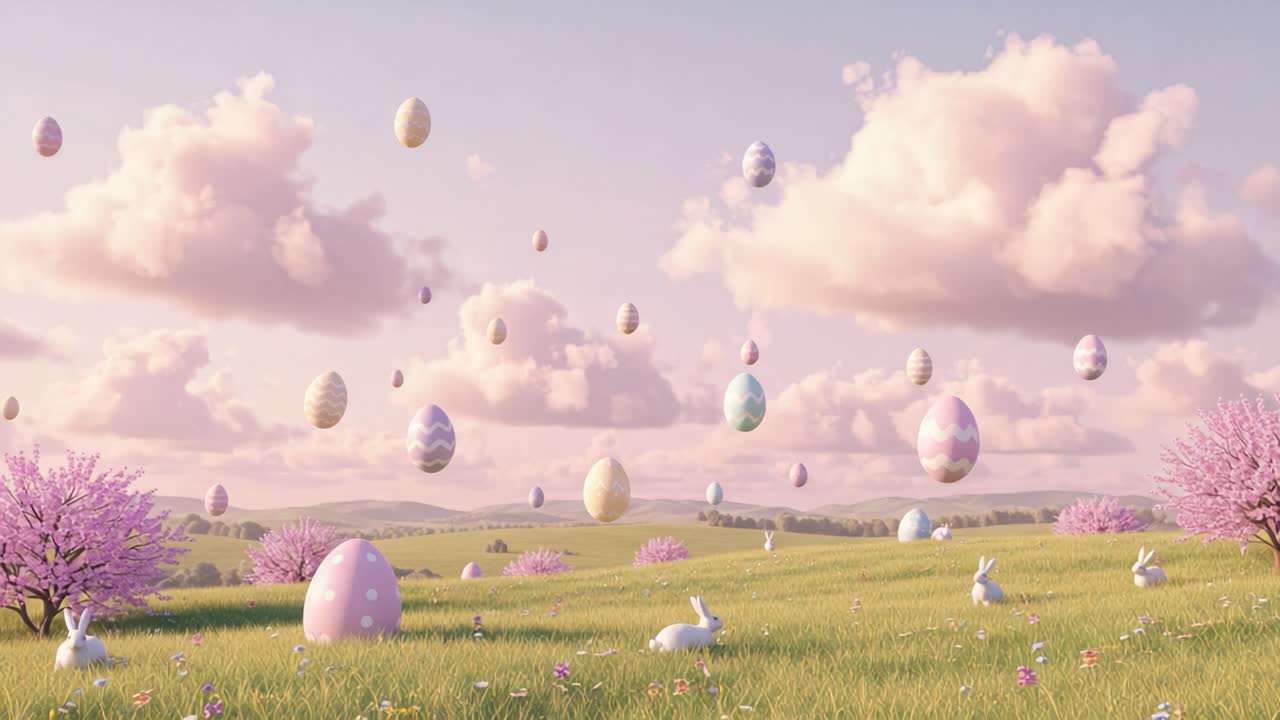 A Whimsical Spring Landscape Filled with Floating Easter Eggs, Playful Bunnies, and Blooming Cherry Blossoms Under a Soft Pink Sky
