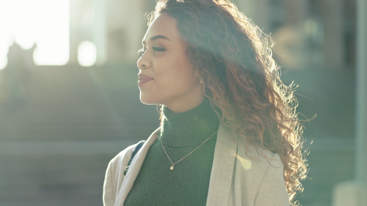 Thinking, lens flare and business woman in city