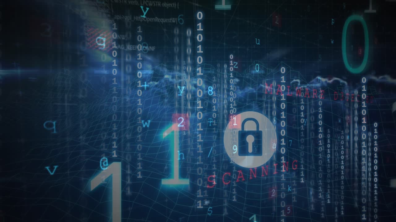 Animation of security padlock and data processing over black background