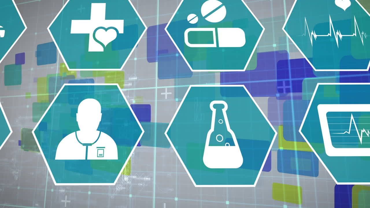 직사각형으로 회색 바탕에 육각형으로 과학 아이콘의 애니메이션