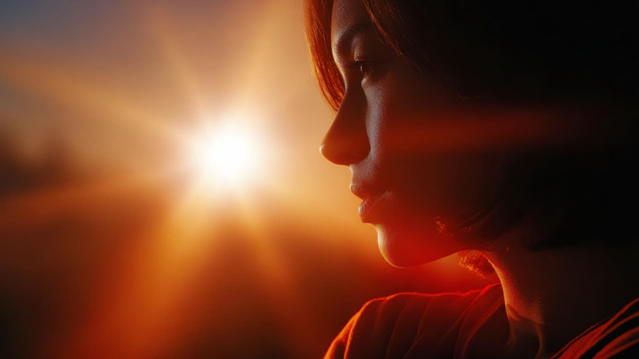 Eine fesselnde Silhouette einer Frau vor einem strahlenden Sonnenuntergang, die ihr anmutiges Profil und die lebhaften Farbtöne des Abendhimmels in einer friedlichen Landschaft hervorhebt