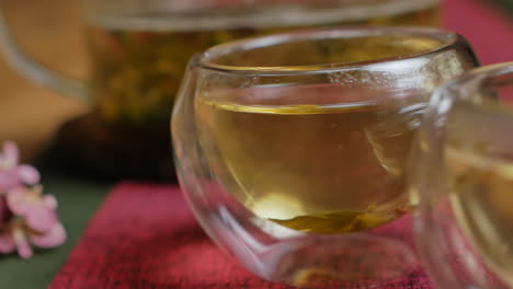 infused tea in glass teapot and cups