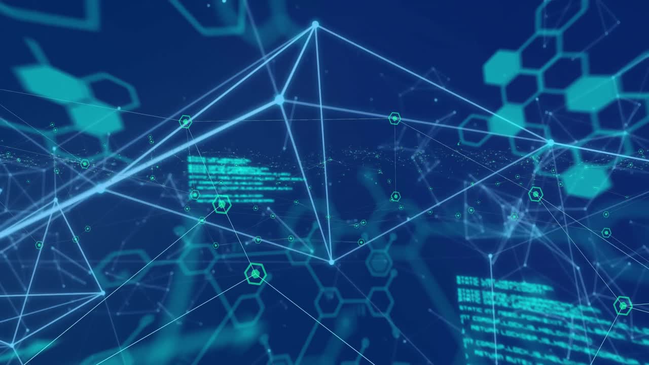 파란색 배경에 데이터 처리를 가진 연결 네트워크의 애니메이션