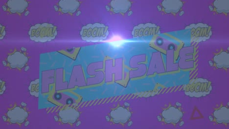 animation of flash sale and falling boom text over purple background