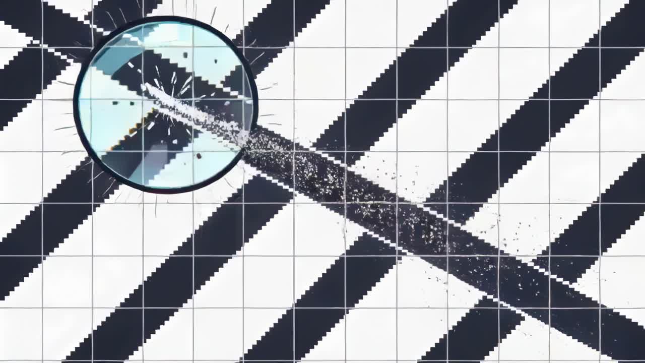 Cracking magnifying glass shifting diagonally across tiled grid, emitting pixelated debris trail