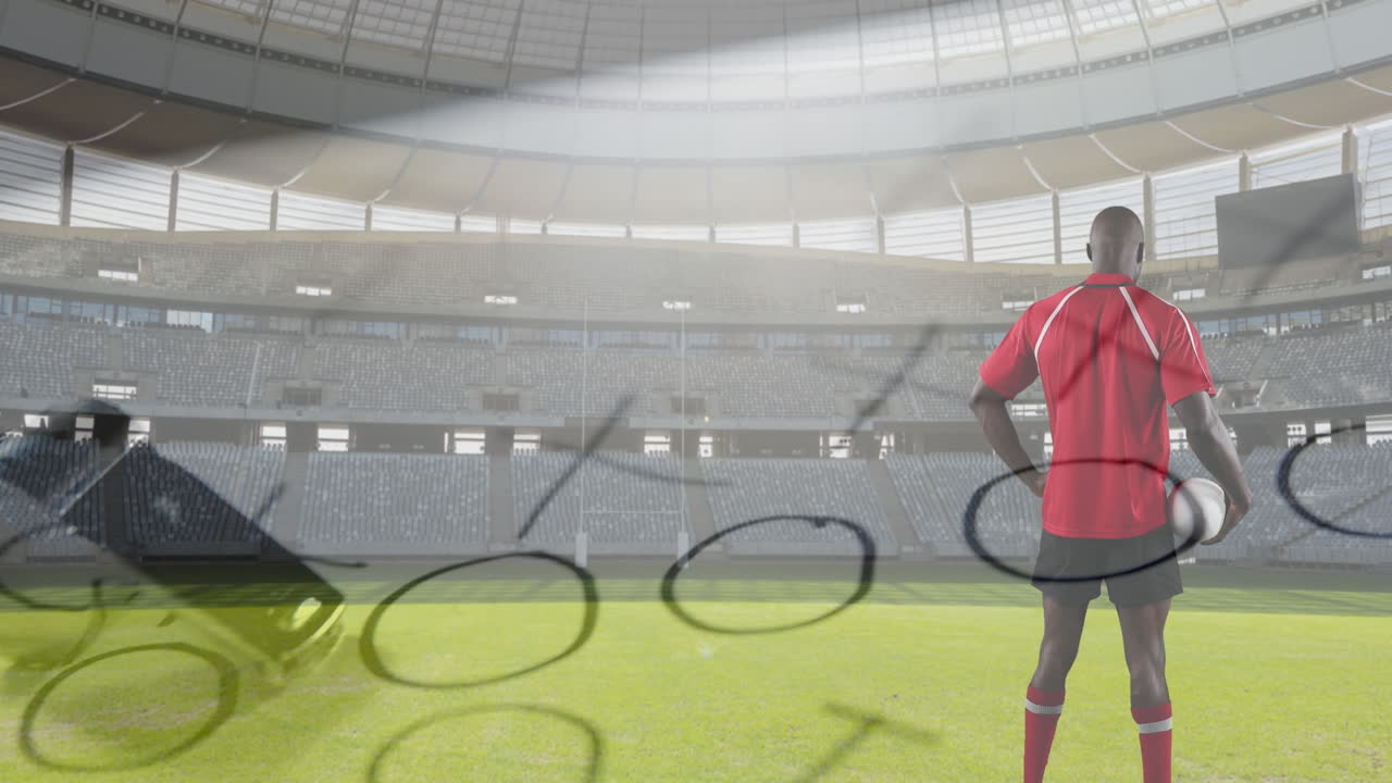 프로 럭비 선수 가 스포츠 경기장 앞 에 서 있는 4k