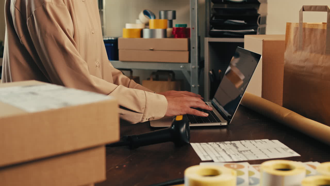 E-commerce storage shop, woman packing goods and clothes for second hand delivery market, dedicated Packaging and Shipping Workspace with Supplies and Technology for efficiency, online sales.