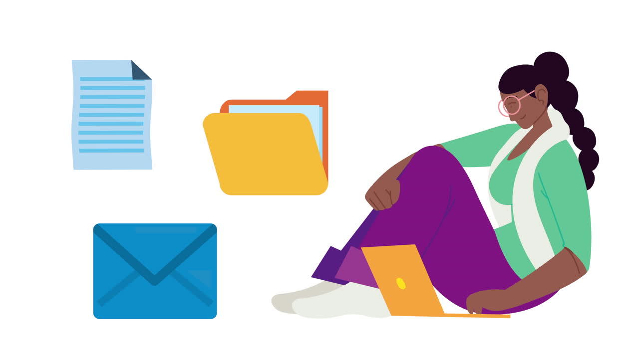 afro young woman using laptop with files