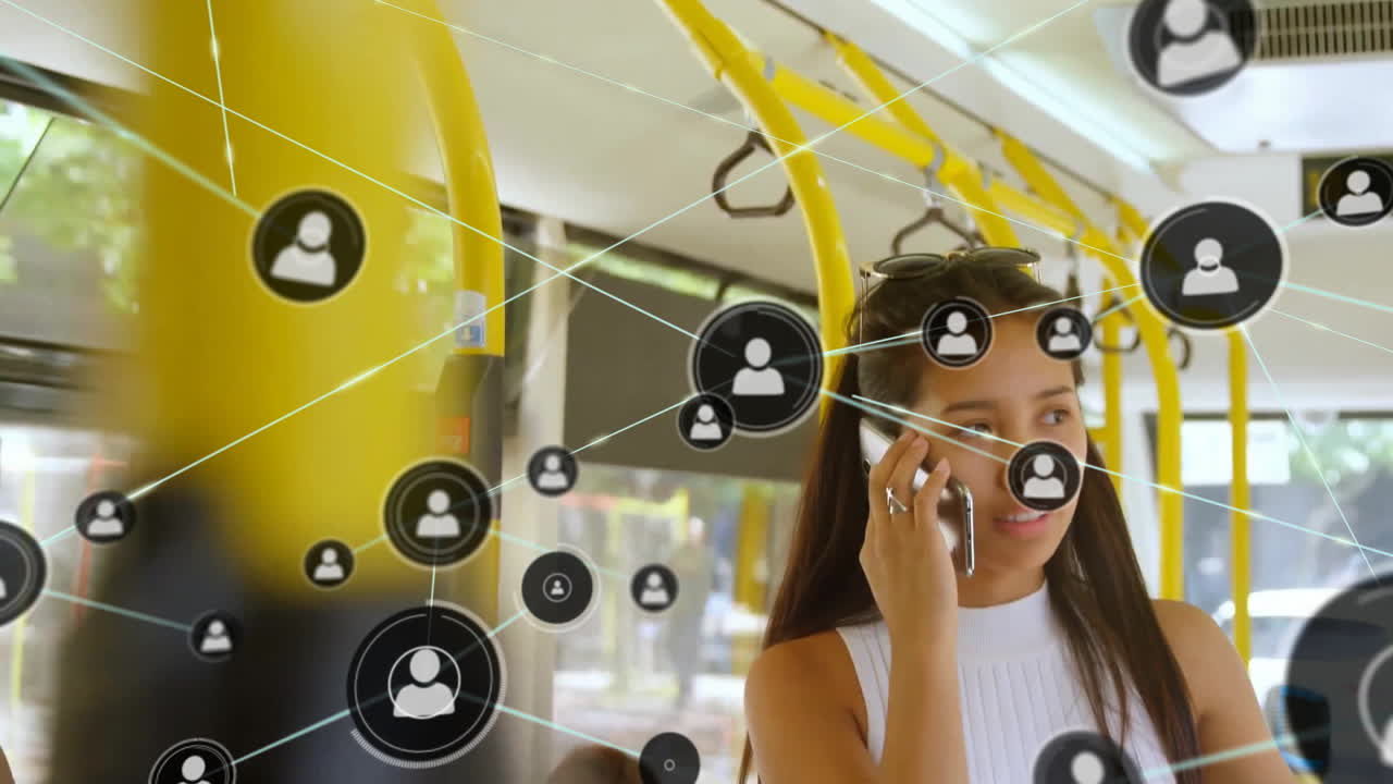 animación de una red de conexiones con iconos sobre una mujer biracial usando un teléfono inteligente