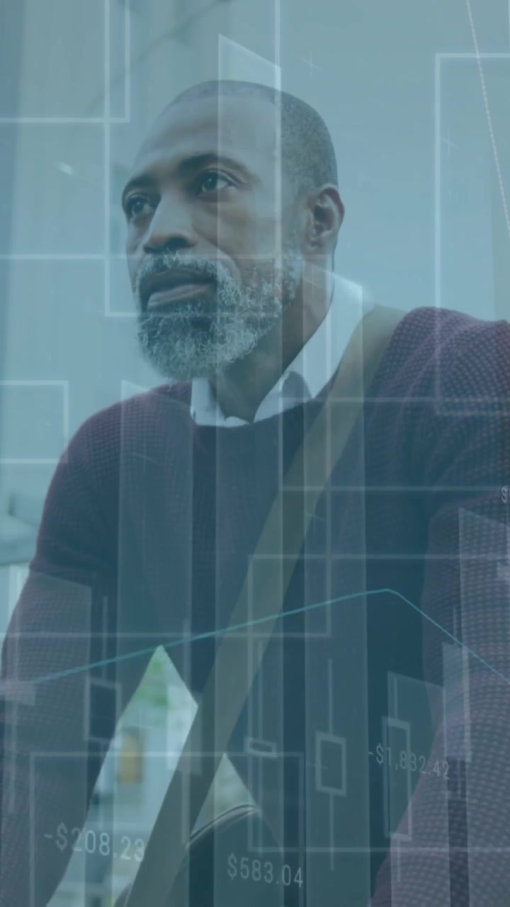 Animation of financial data processing over african american man in city