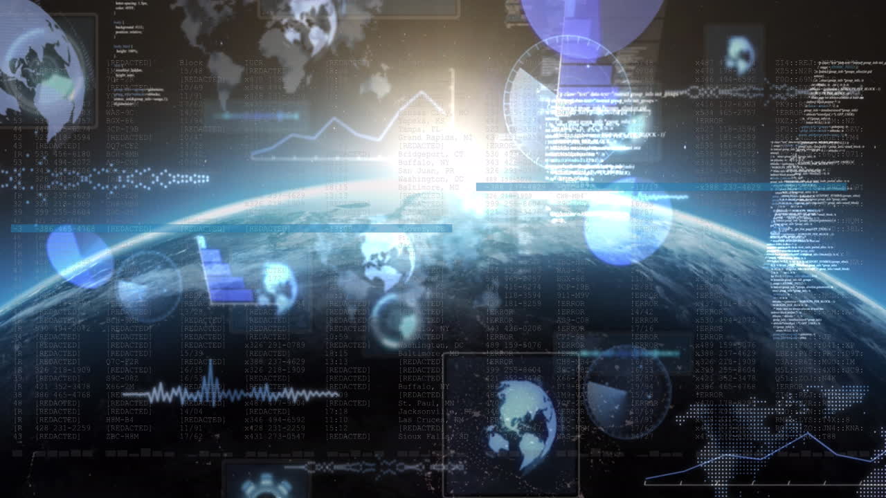 Animation of statistics with data processing on screen and scopes scanning over planet earth