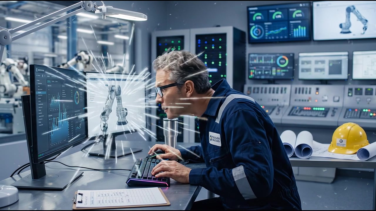 Engineer monitoring industrial systems and digital analytics in technology environment