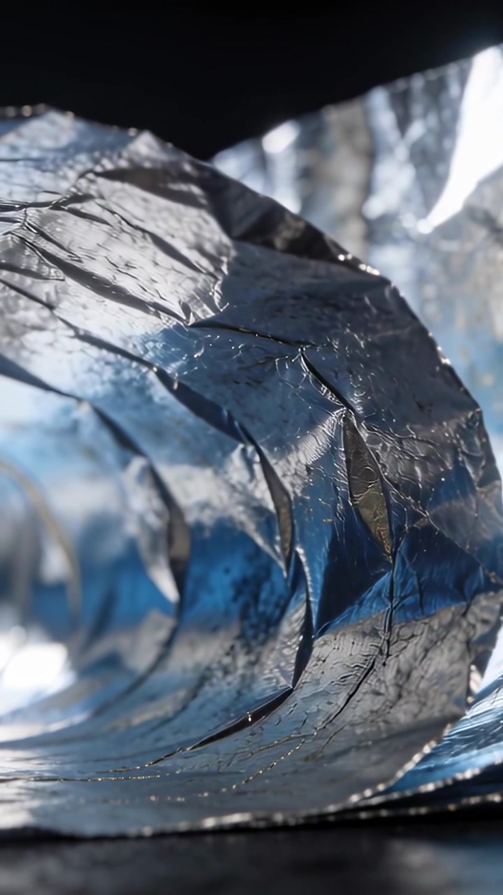 Vertical video: Moving camera revealing crumpled foil tunnel on dark tabletop, showing blue glints