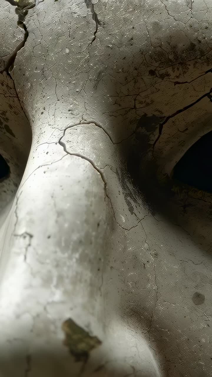 Vertical video: Shifting camera showing skull on table, cracked finish, shadow revealing eye void