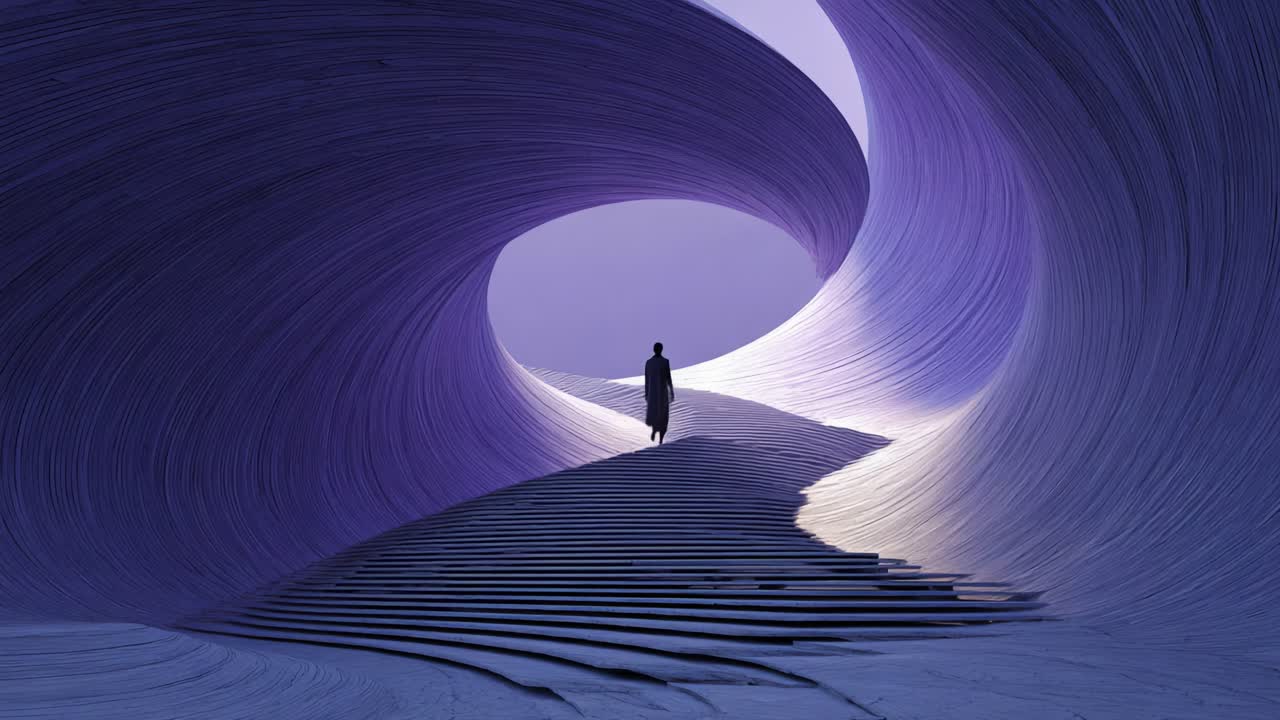 An Enigmatic Journey Through Gentle Curves: Capturing the Essence of an Individual Wandering in a Dreamlike Landscape of Twisting Lines and Soft Purples