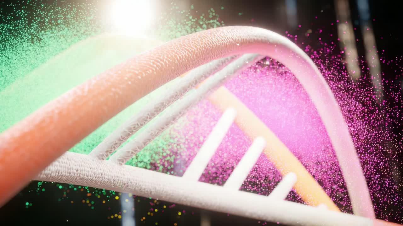 Colorful glowing particles flowing around a conceptual DNA molecule representing genetic engineering, biotechnology innovation, and advances in medical science and genomics research