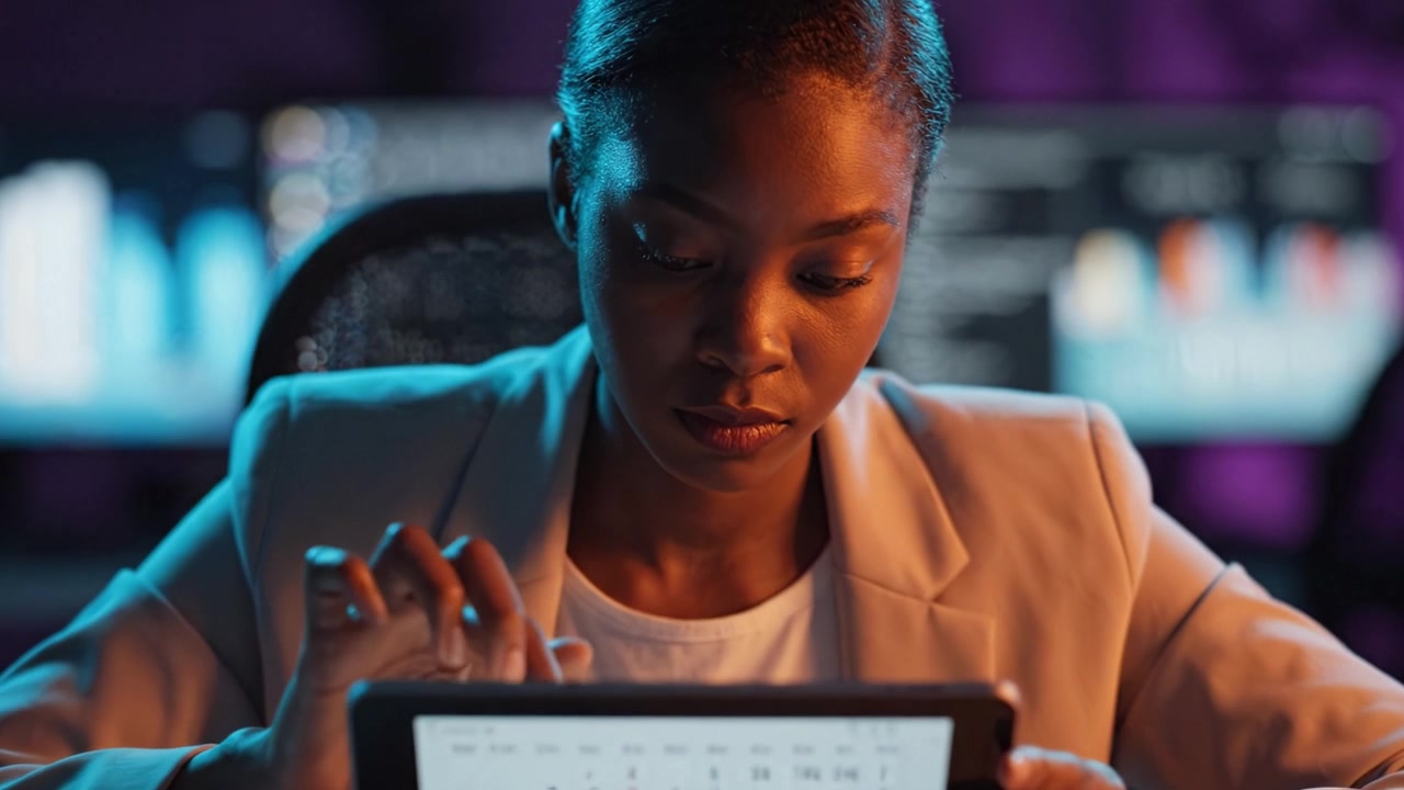 Focused Professional Engaged with Tablet Interface in a Dimly Lit Environment, Analyzing Data and Scheduling Tasks for Enhanced Productivity and Workflow Management