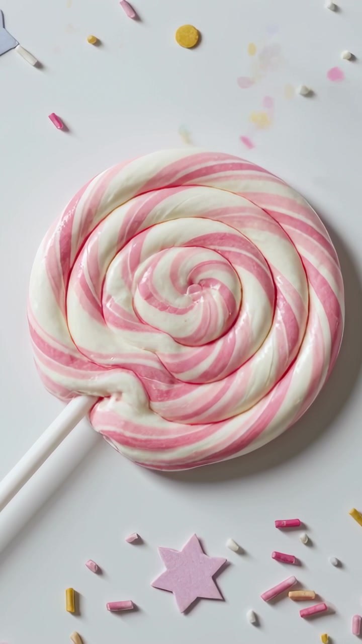 Verticale video: Verborgen hand strooit hagelslag om roze lolly met roze ster te versieren.