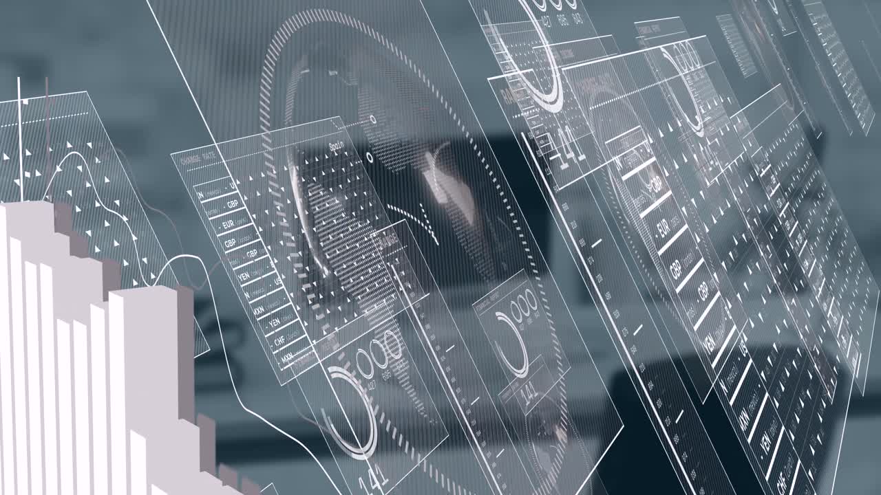 빈 사무실에 대해 회전하는 지구상에서 데이터 처리에 대한 인터페이스의 애니메이션