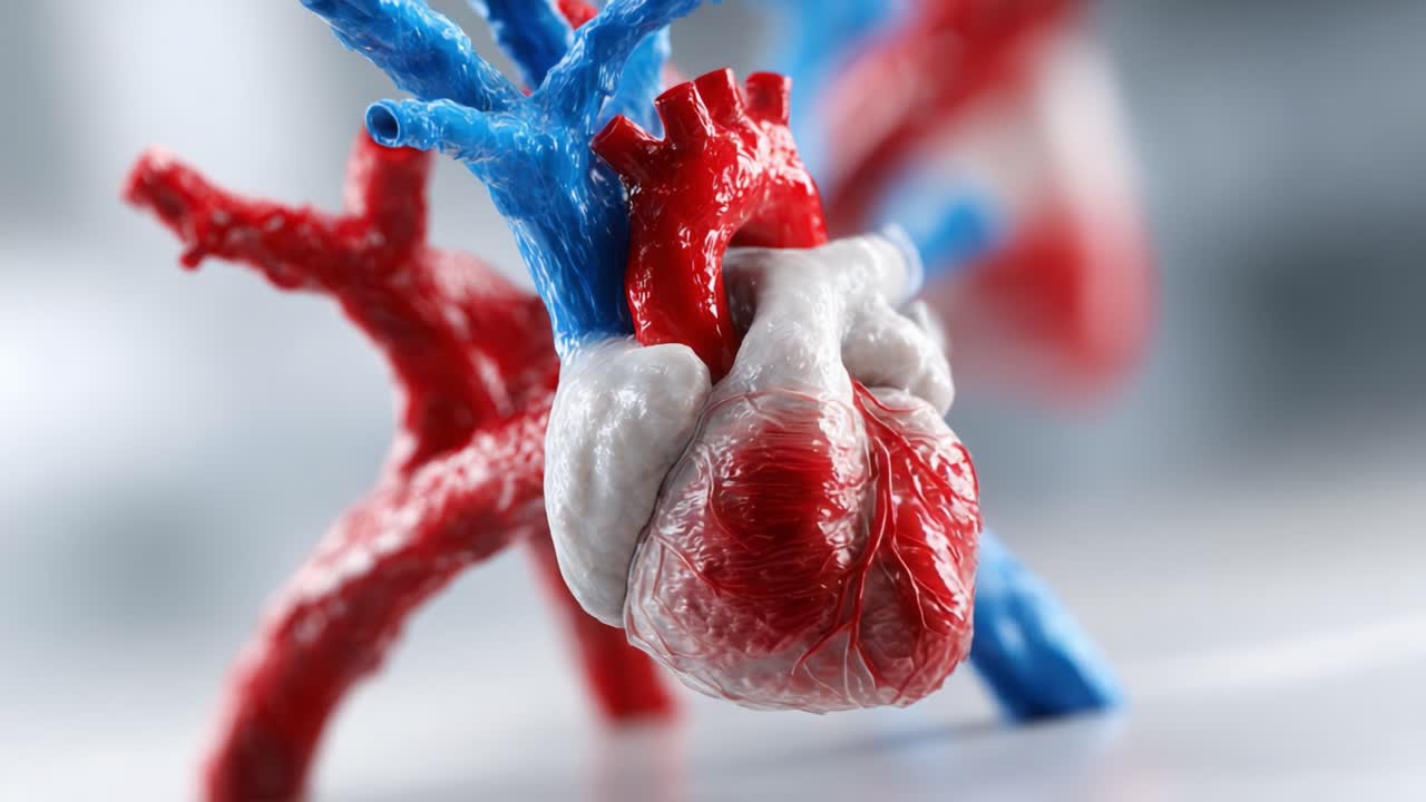 Detailed Anatomical Model of the Human Heart Showcasing Blood Vessels in Striking Color Contrast, Perfect for Educational Purposes and Medical Illustrations