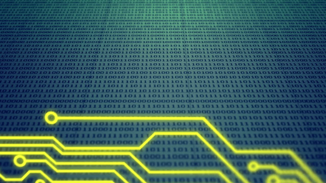 Animation of binary coding, data processing over processor circuit board